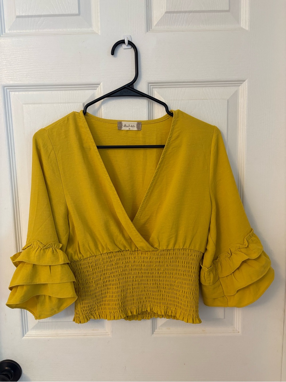 Altar'd State Mustard Yellow Smocked Wrap Blouse with Ruffle Sleeves
